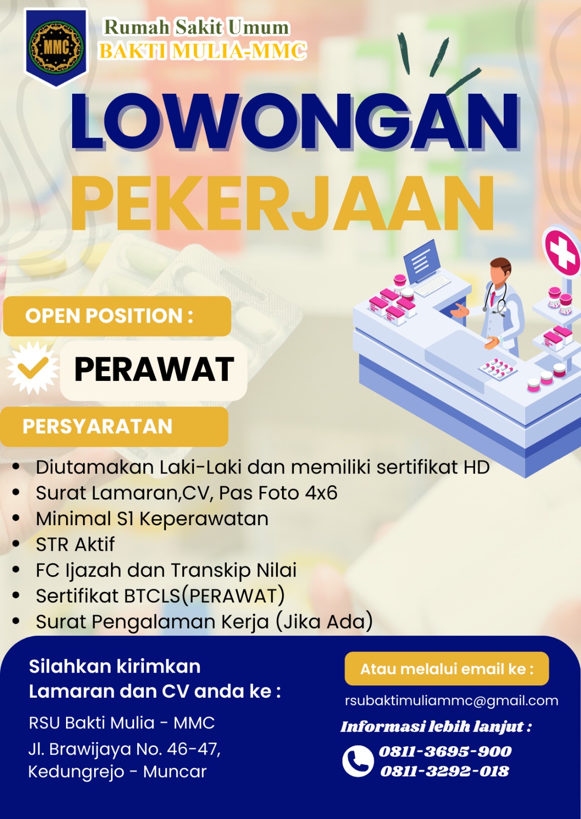 This September, we’re looking for Future Rumah Sakit Umum Bakti Mulya-MMC membuka kesempatan untuk beberapa posisi. Jika kalian memiliki passion dibidang tersebut segera kirimkan CV terbaikmu !
