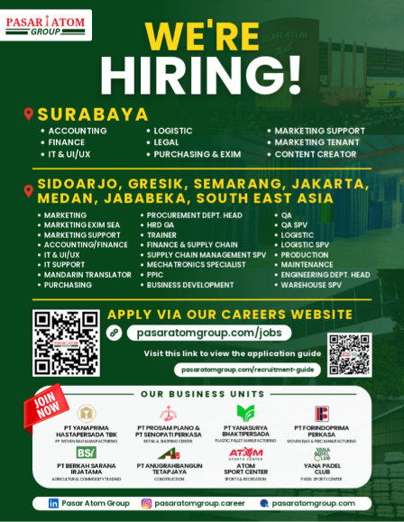August Opportunities Are Here! Pasar Atom Group membuka peluang kerja untuk berbagai posisi yang tersebar di banyak kota besar. Jika memiliki passion dibidang tersebut segera daftarkan diri kalian