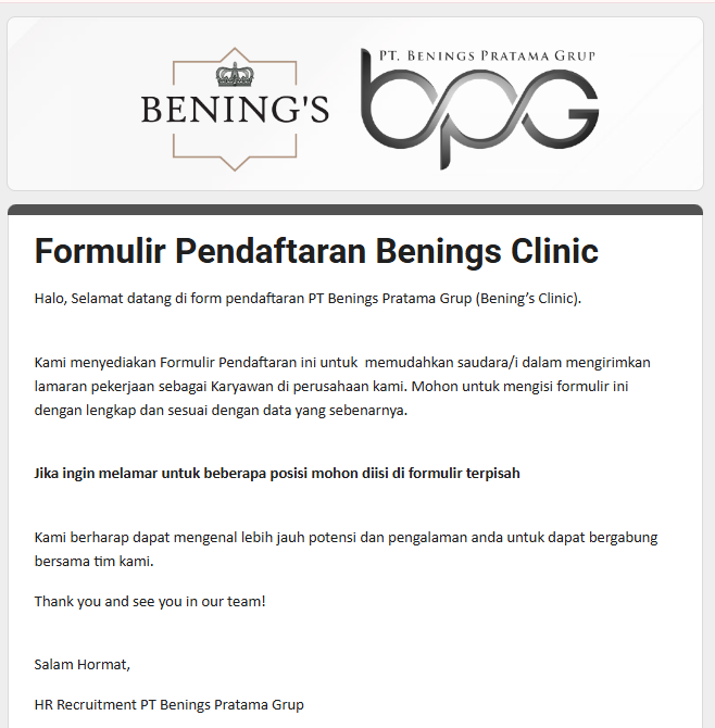 August Opportunities Are Here! Benings Clinic membuka peluang kerja untuk beberapa posisi di banyak kota besar seluruh Indonesia. Jika memiliki passion dibidang tersebut segera daftarkan diri kalian https://bit.ly/PendaftaranBeningsClinic