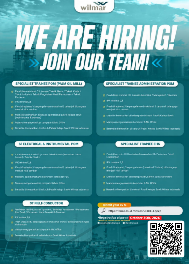 We are hiring!! Wilmar membuka kesempatan kerja untuk beberapa posisi yang ditempatkan di seluruh Indonesia. Jika kalian memiliki passion dibidang tersebut segera kirimkan CV terbaikmu !