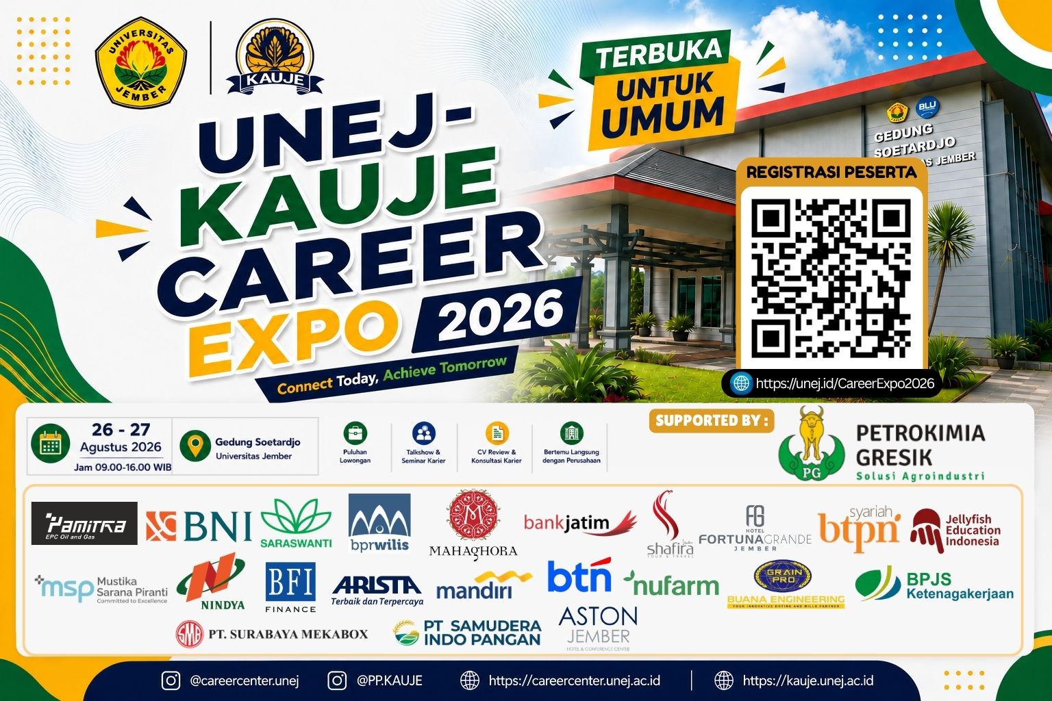 Apakah kamu Fresh Graduate atau udah berpengalaman, yukk ah ke UNEJ-KAUJE Career Expo 2026, karena banyak tersedia lowongan pekerjaan, juga diadain seminar untuk tips lolos wawancara dan tips-tips mendapatkan pekerjaan dan magang dari Alumni Sukses.