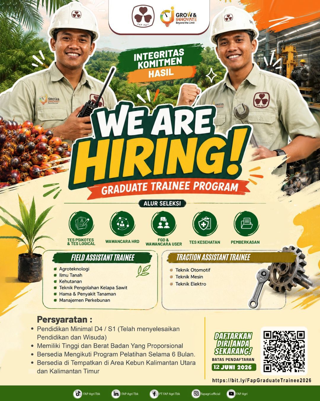 PT FAP Agri Tbk yang merupakan salah satu perusahaan swasta nasional di bidang produksi minyak kelapa sawit, membuka kesempatan kerja untuk posisi FAT (FIELD ASSISTANT TRAINEE), TAT (TRACTION ASSISTANT TRAINEE). Segera kirimkan CV Terbaikmu!