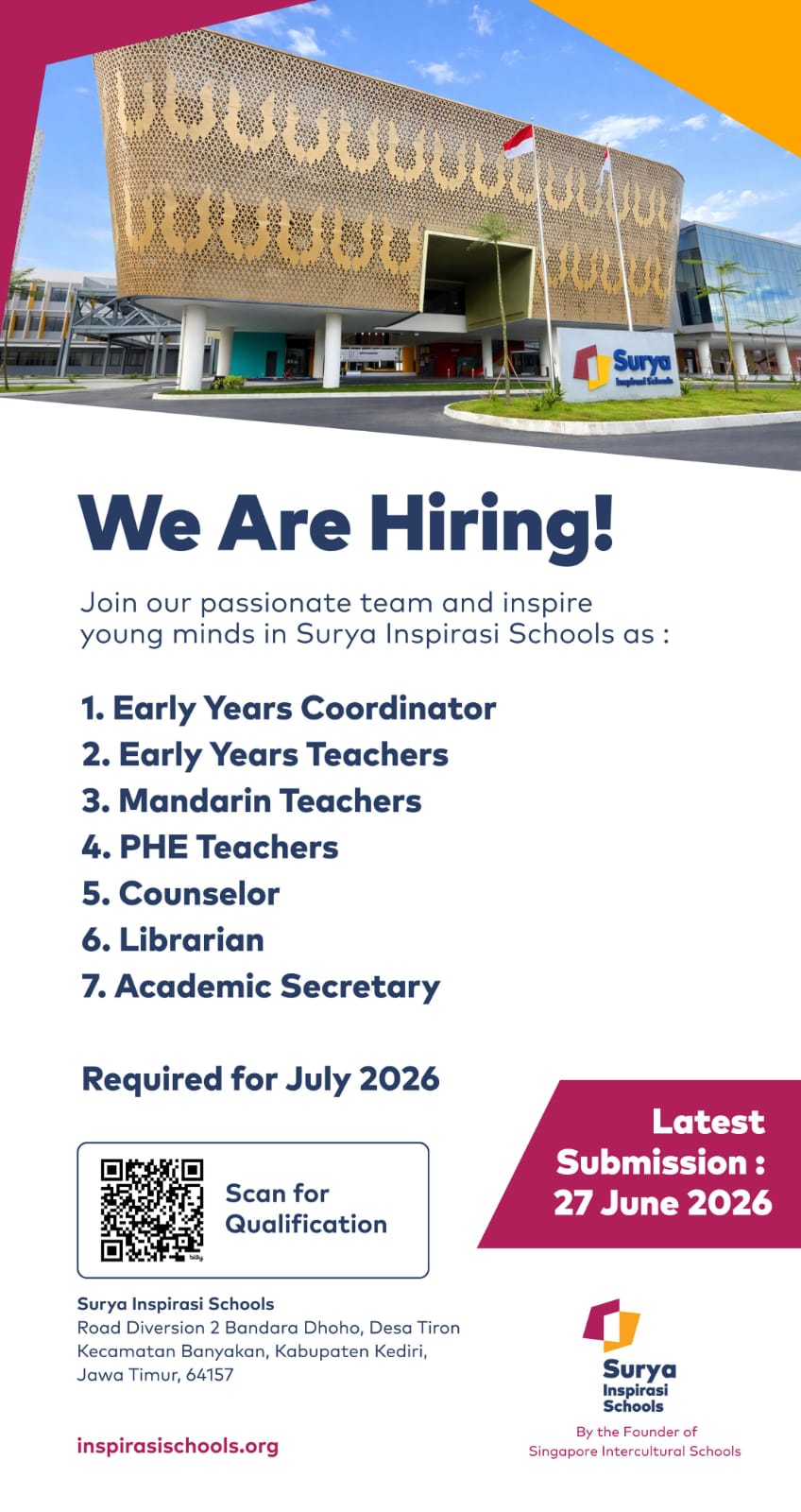 We are hiring!, SURYA INSPIRASI SCHOOL membuka kesempatan kerja untuk beberapa posisi, jika kalian memiliki passion dibidang tersebut segera kirimkan CV terbaikmu !