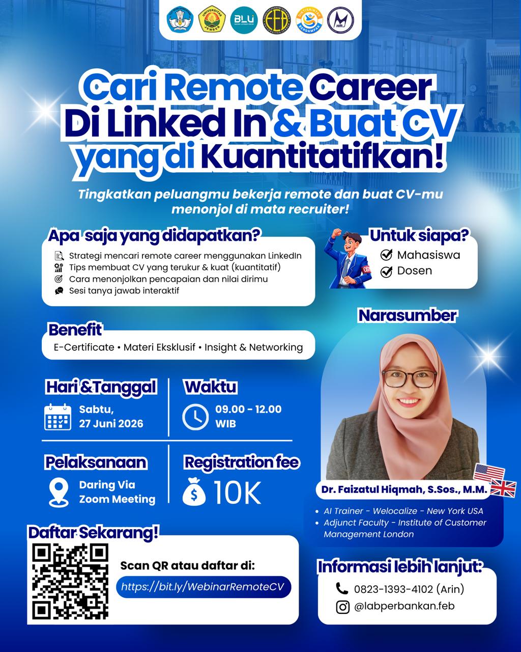 Ingin mulai karier remote dan punya CV yang lebih dilirik recruiter? 🚀 Yuk ikuti webinar REMOTE CAREER & CV QUANTIFICATION Sabtu, 27 Juni 2026,⏰ 09.00 – 12.00 WIB,📍 Via Zoom Meeting,💸 Registration Fee: 10K