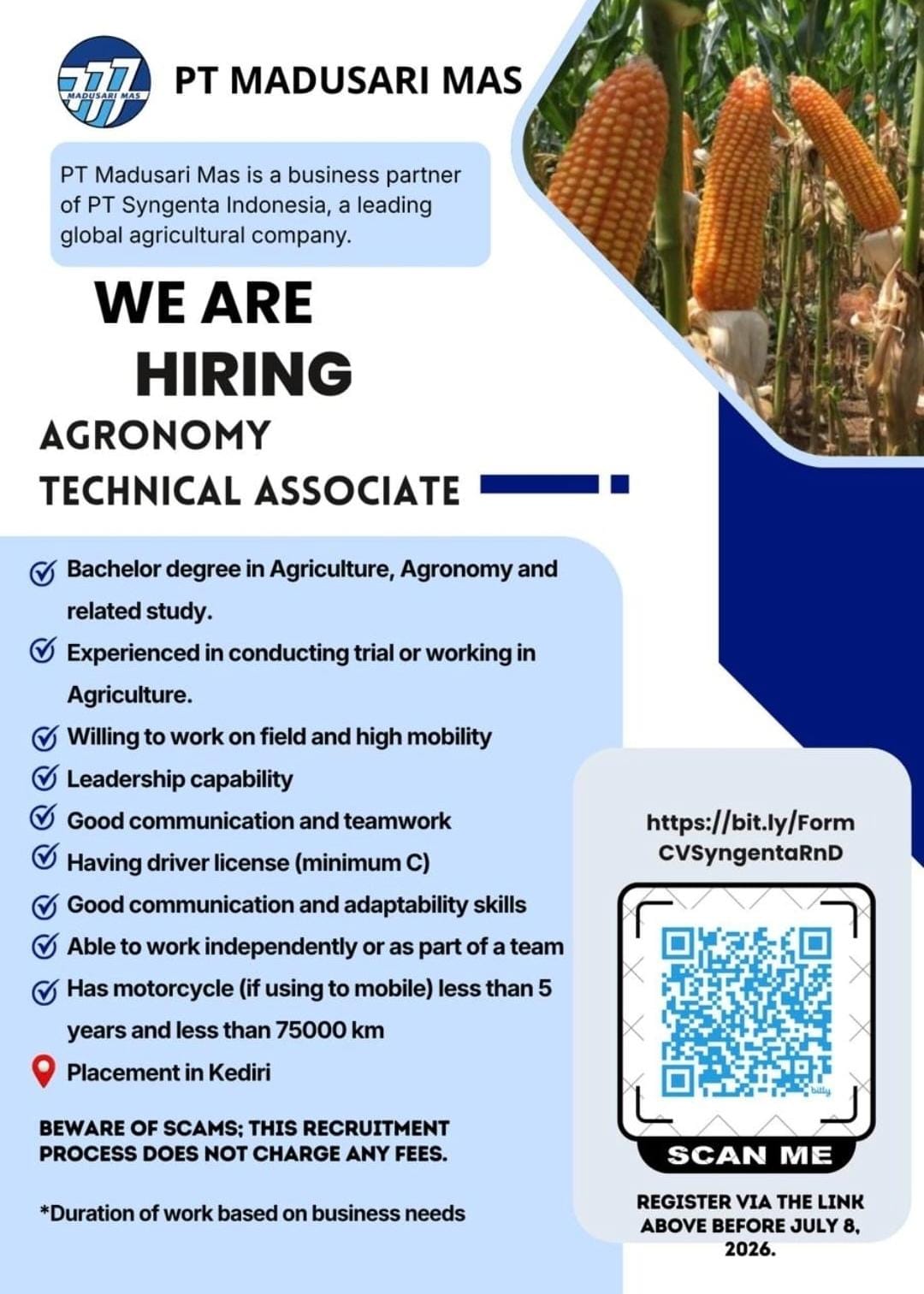 We are hiring!! PT MADUSARI yang merupakn partner bisnis dari PT SyNGENTA INDONESIAA membuka kesempatan kerja untuk posisi Agronomy Technical Associate, jika kalian memiliki passion dibidang tersebut segera kirimkan CV terbaikmu !