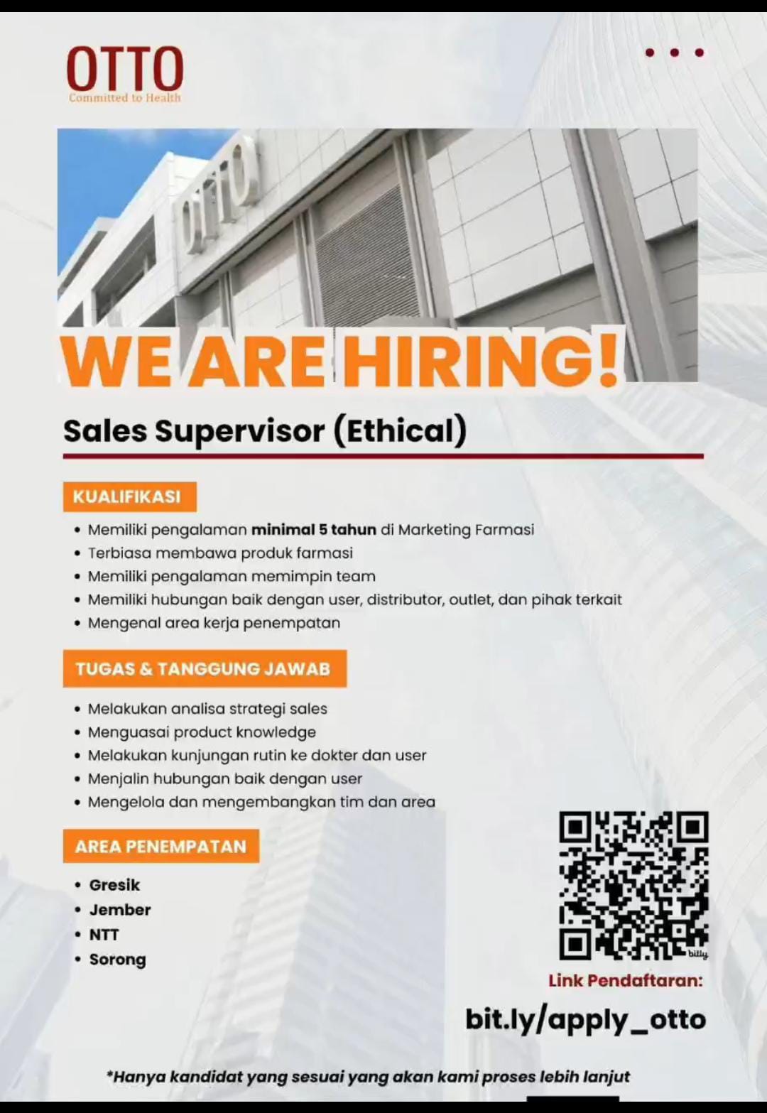 We are hiring!! PT OTTO membuka kesempatan kerja untuk posisi Sales Supervisor (Ethical) untuk penempatan Gresik, Jember, NTT, dan Sorong. Jika kalian memiliki passion dibidang tersebut segera kirimkan CV terbaikmu !