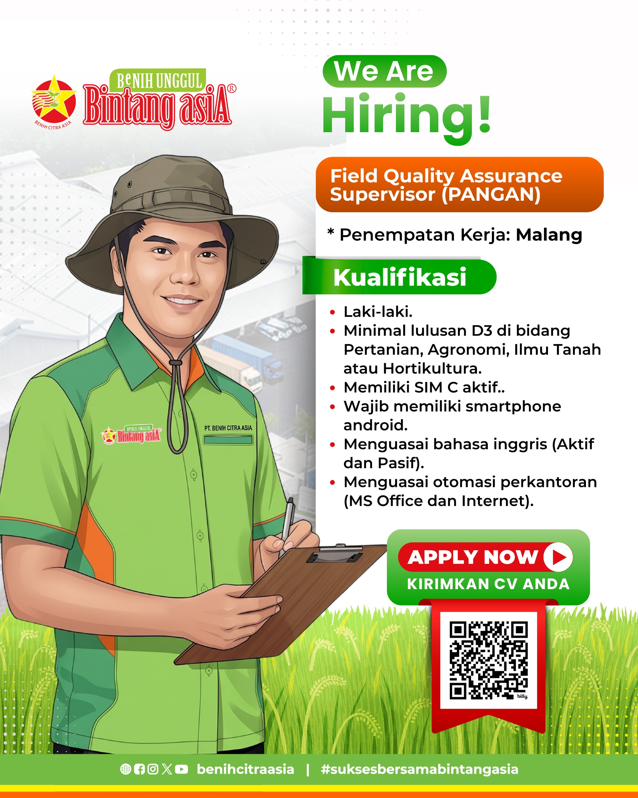 We are hiring!! PT. Benih Citra Asia (Bintang asiA) membuka kesempatan kerja untuk posisi Field Assistant (FA) dan Field Quality Assurance Supervisor (PANGAN). Jika kalian memiliki passion dibidang tersebut segera kirimkan CV terbaikmu !