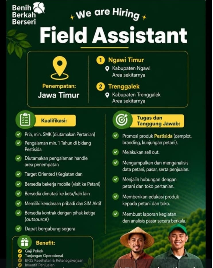 We are hiring!! Benih Berkah Berseri membuka kesempatan kerja untuk posisi Field Assistant penempatan Kab. Ngawi dan Kab. Trenggalek. Jika kalian memiliki passion dibidang tersebut segera kirimkan CV terbaikmu !