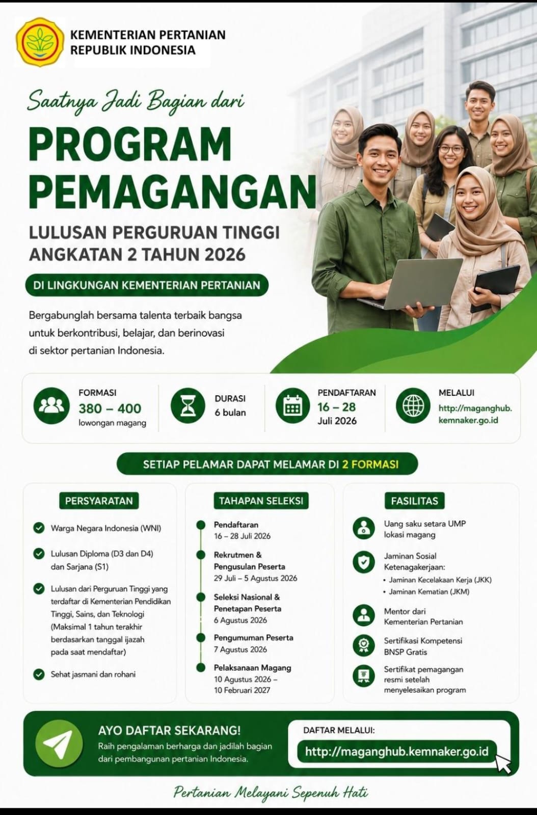 Kementerian Pertanian Republik Indonesia membuka kesempatan emas bagi alumni untuk bergabung dalam Program Pemagangan jika kalian memiliki passion dibidang tersebut segera daftar yukk