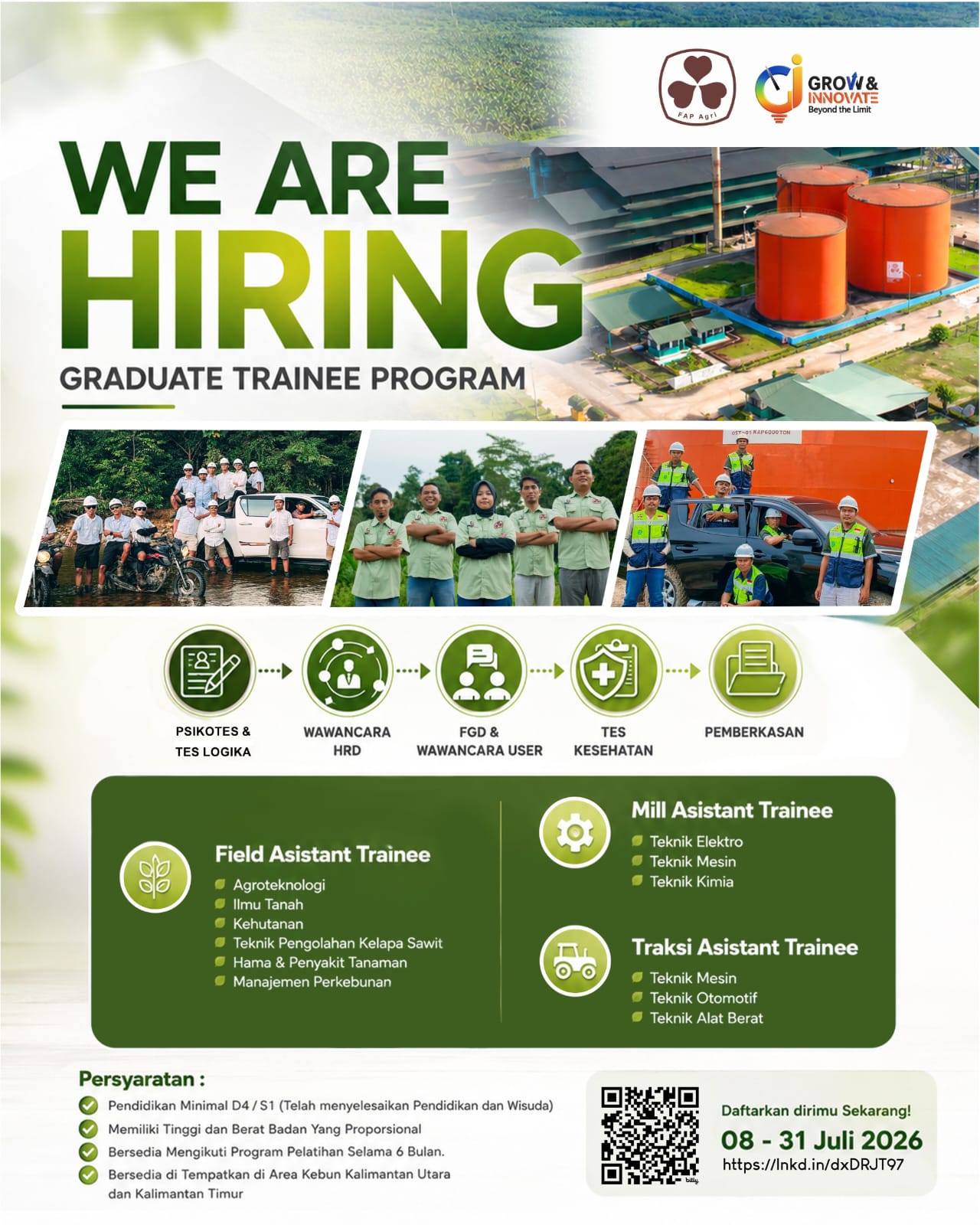 PT FAP Agri Tbk saat ini membuka Graduate Trainee Program untuk membentuk freshgraduate berpotensi tinggi menjadi calon pemimpin masa depan Perusahaan. FIELD ASSISTANT TRAINEE, TRACTION ASSISTANT TRAINEE, MILL ASSISTANT TRAINEE