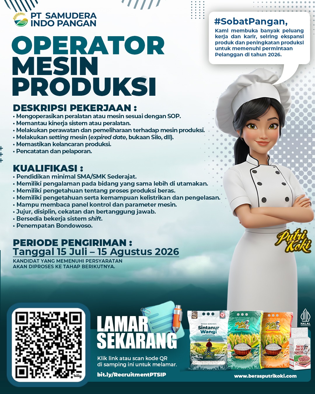 PT. Samudera Indo Pangan adalah perusahaan manufaktur yang memproduksi beras sedang membuka lowongan kerja untuk beberapa posisi. Jika kalian memiliki passion dibidang tersebut segera kirimkan CV terbaikmu !