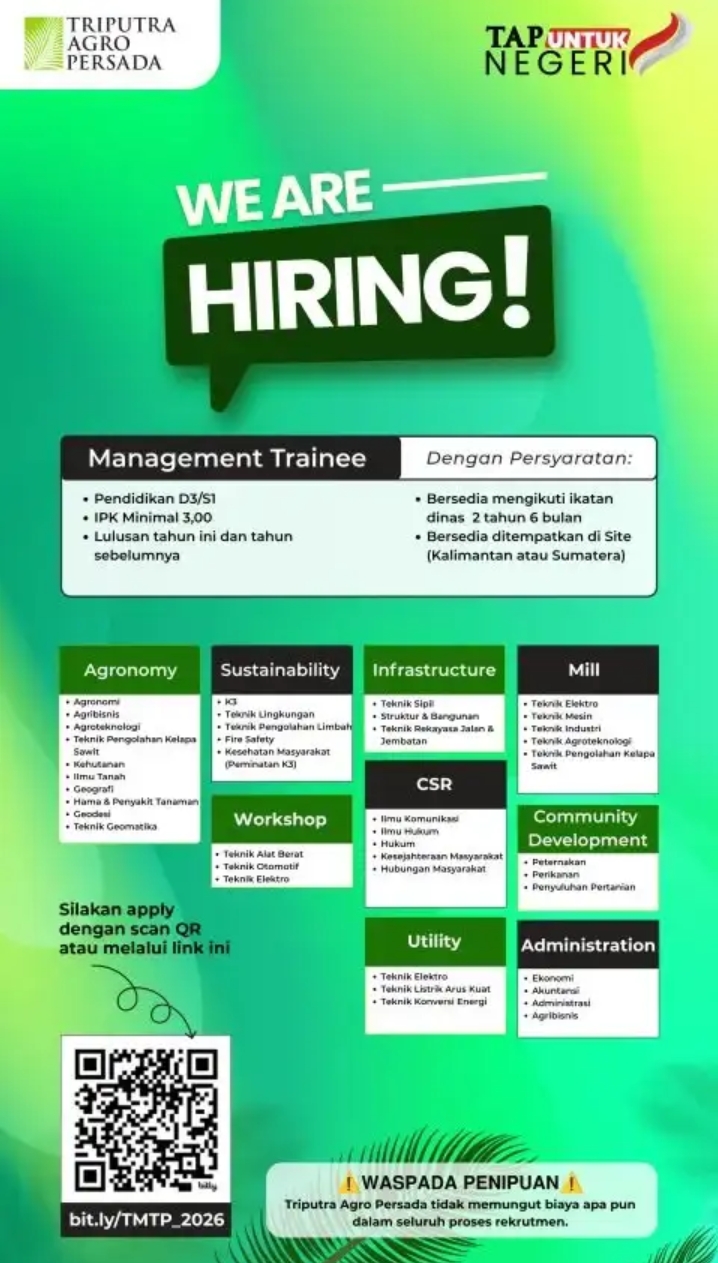 We are hiring!! TRIPUTRA AGRO PERSADA membuka kesempatan kerja untuk bebrapa posisi. Jika kalian memiliki passion dibidang tersebut segera kirimkan CV terbaikmu !
