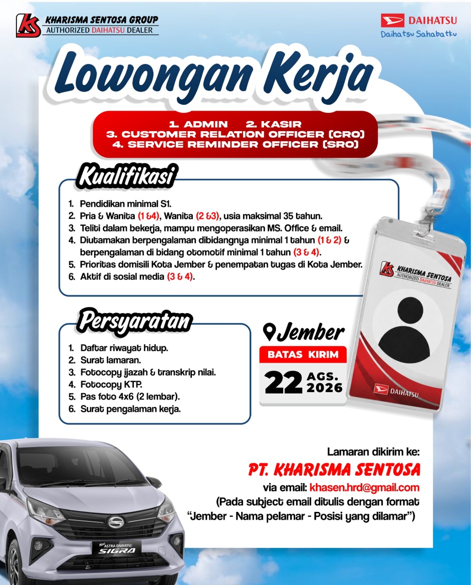 August Opportunities Are Here! Kharisma Sentosa Group membuka peluang kerja untuk berbagai posisi, dengan Pendidikan minimal Sarjana lokasi bekerja di Jember. Jika memiliki passion dibidang tersebut segera daftarkan diri kalian