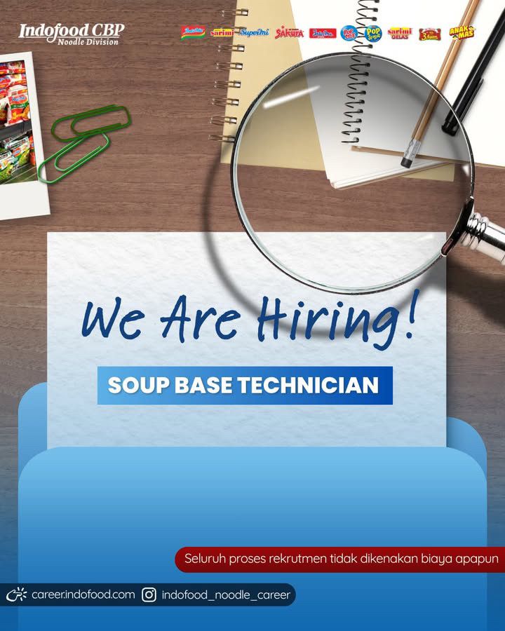 PT Indofood CBP Sukses Makmur Tbk - Noodle Division Saat ini membuka lowongan untuk posisi Soup Base Technician, penempatan di Head Office Ancol, Jakarta Utara dengan kualifikasi D3/D4/S1 Tata Boga/Teknologi Pangan, fresh graduate atau berpengalaman.