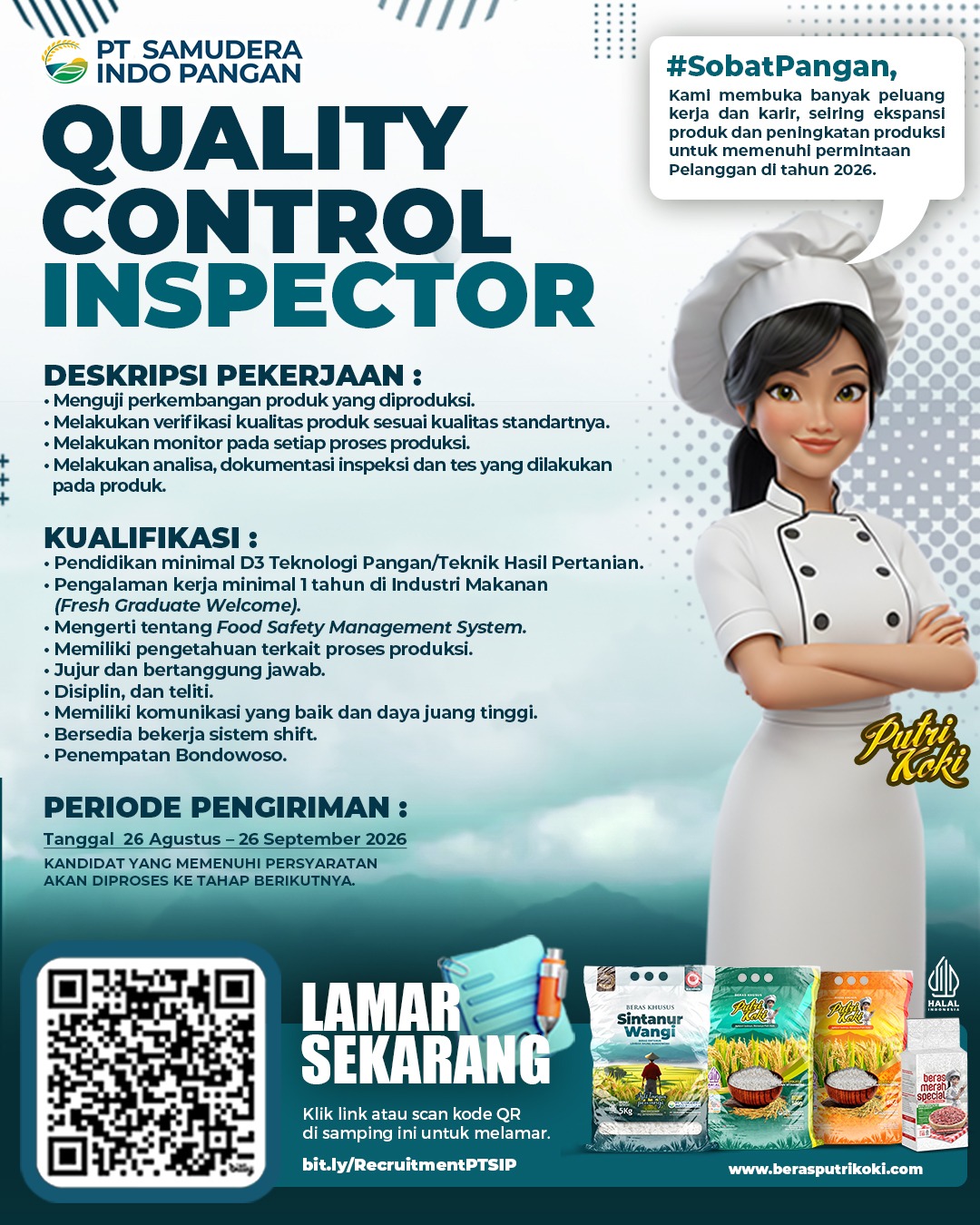 PT. Samudera Indo Pangan, perusahaan manufaktur yang memproduksi beras membuka lowongan kerja untuk posisi Quality Control Inspector bagi fresh graduate (khususnya jurusan Teknologi Industri Pertanian, Teknologi Rekayasa Pangan, atau bidang terkait)