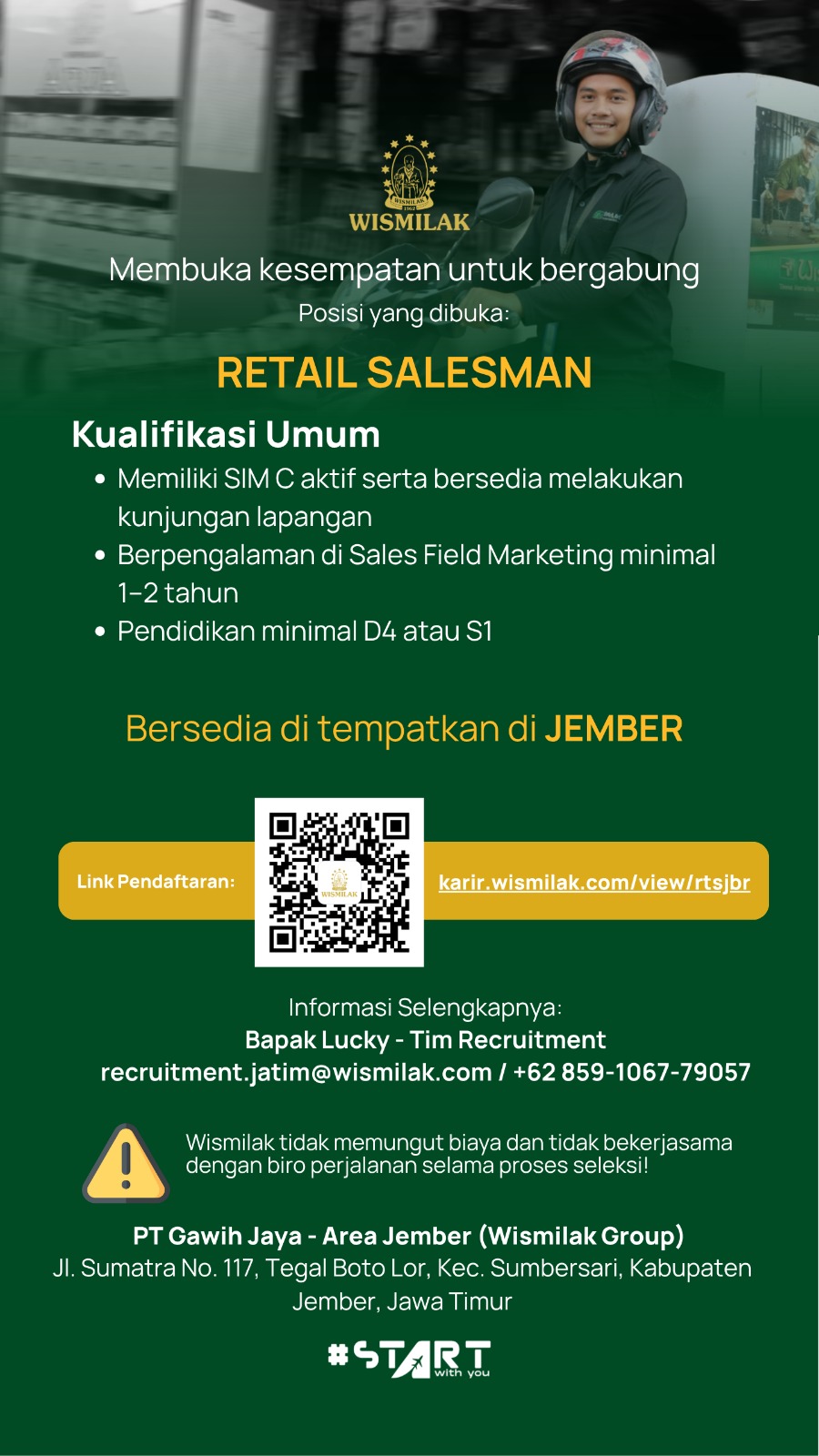 September Opportunities Are Here! Wismilak Group membuka lowongan kerja untuk posisi Retail Salesman penempatan Jember. Jika memiliki passion dibidang tersebut segera daftarkan diri kalian