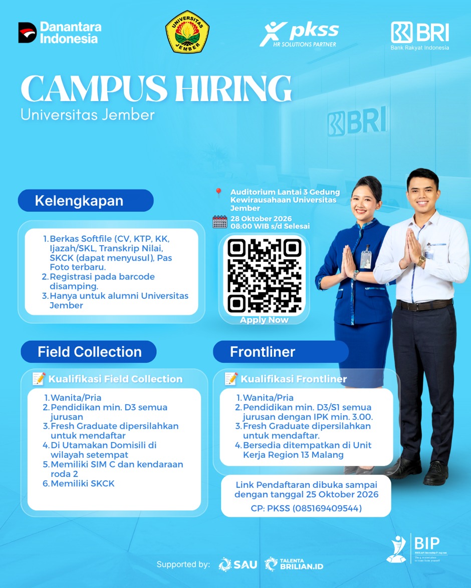 Generasi BRILiaN, Regional Office BRI Malang dan Universitas Jember menyelenggarakan campus hiring, untuk bergabung membangun dan memberikan makna Indonesia melalui BRILiaN Internship Program (BIP).