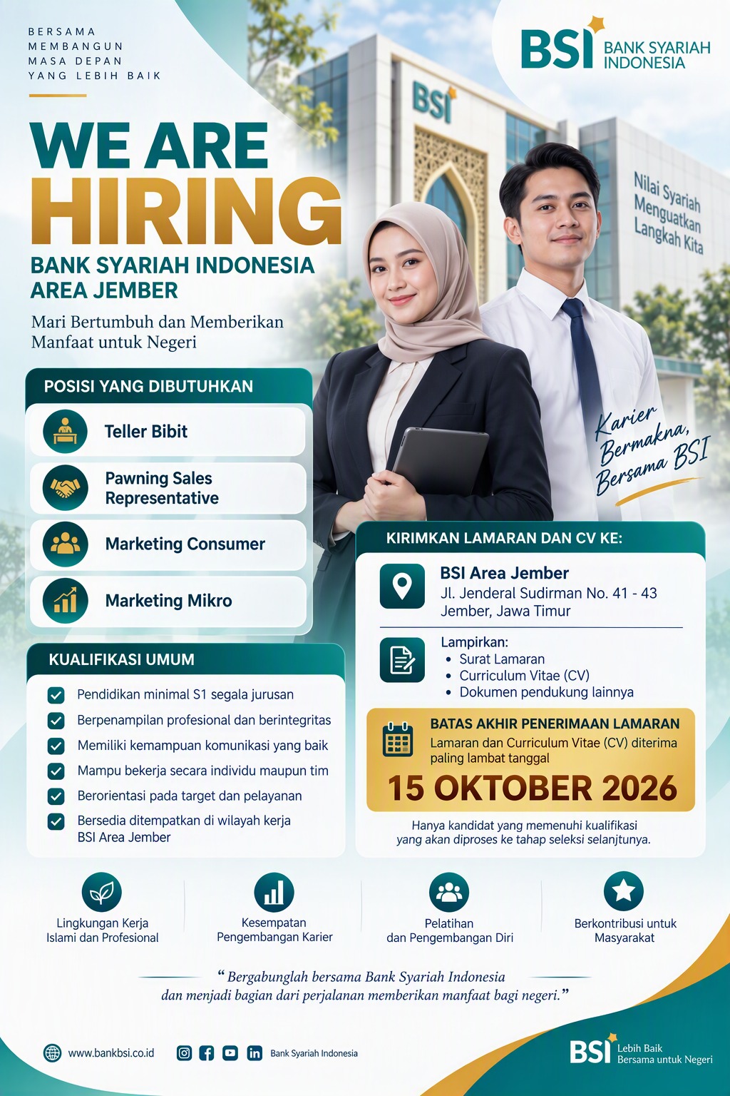 WE ARE HIRING! Bank Syariah Indonesia (BSI) Area Jember membuka kesempatan berkarier bagi talenta terbaik untuk posisi: ✅ Teller Bibit ✅ Pawning Sales Representative ✅ Marketing Consumer ✅ Marketing Mikro
