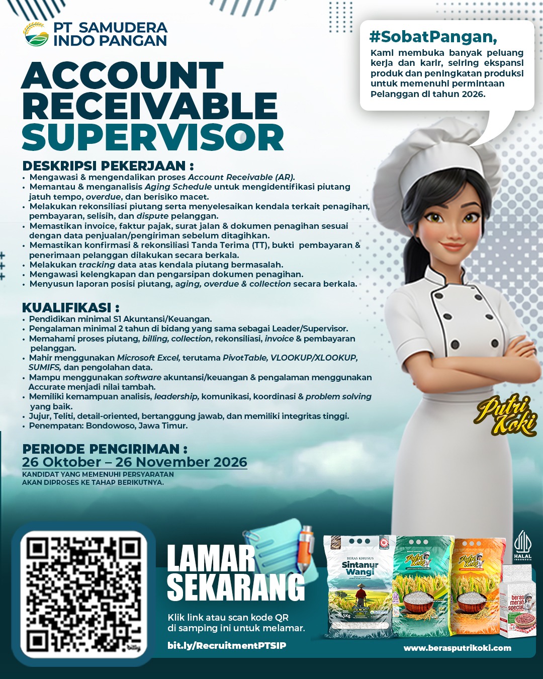 PT. Samudera Indo Pangan, perusahaan manufaktur yang memproduksi beras membuka lowongan kerja bagi fresh graduate untuk beberapa posisi. Jika memiliki passion dibidang tersebut segera daftarkan diri kalian